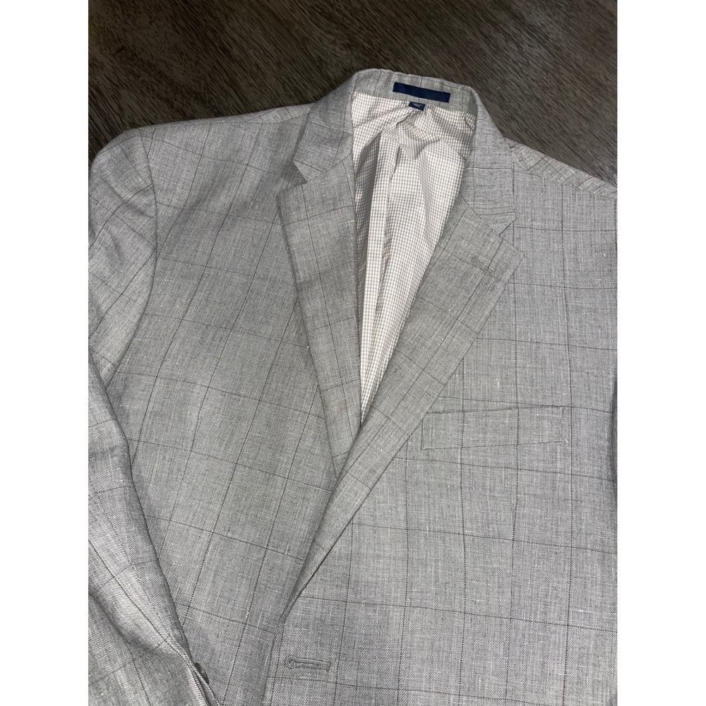 Jos. A. Bank Mens 42 Short Grey Sport Coat Linen Wool Windowpane Plaid Blazer